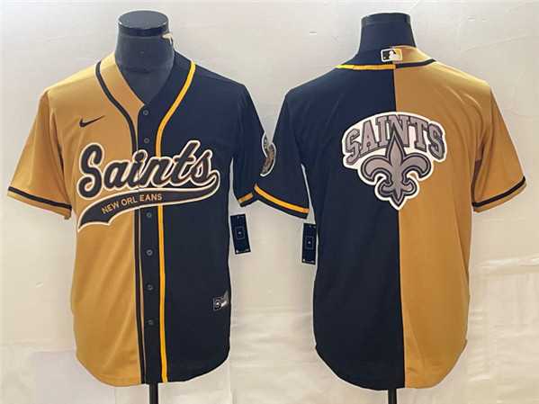 Men%27s New Orleans Saints Black Gold Split Team Big Logo Cool Base Stitched Baseball Jersey